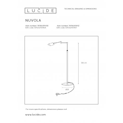 LUCIDE NUVOLA Reading lamp Led 9W Black stojací lampa - obrázek