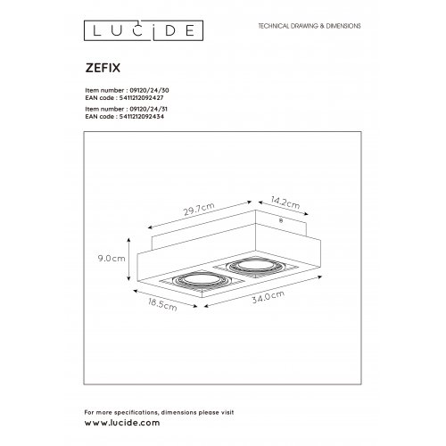 LUCIDE ZEFIX Ceiling Spotlight 2x Gu10/12W DTW White - obrázek