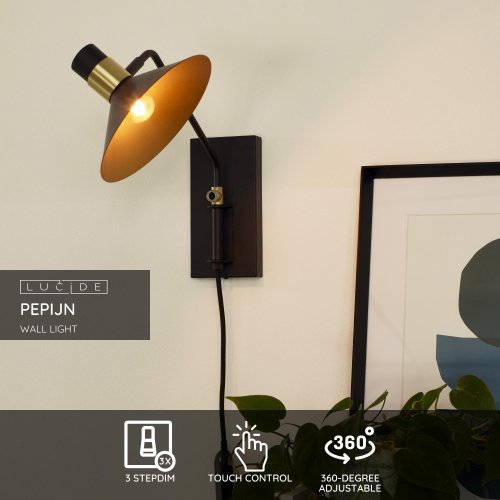 LUCIDE PEPIJN Wall Light 1xE14 Black/Gold nástěnné svítidlo - obrázek
