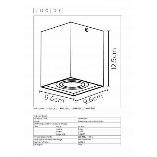 LUCIDE TUBE Spot GU10 built upSquare 9.6/9.6/12.5cm Mat G bodové svítidlo, bodovka - obrázek