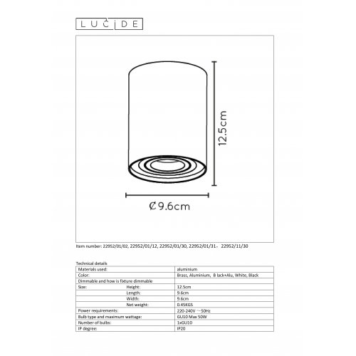 LUCIDE TUBE Spot Round GU10 D9.6 H12.5cm Matt gold/Brass bodové svítidlo, bodovka - obrázek