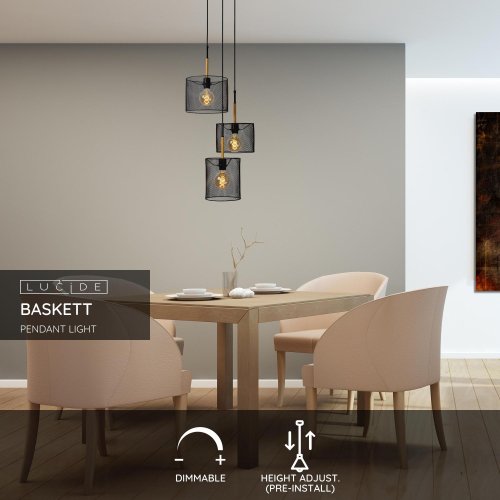 LUCIDE BASKET Pendant 3xE27/40W Black/Wood závěsné svítidlo, lustr - obrázek