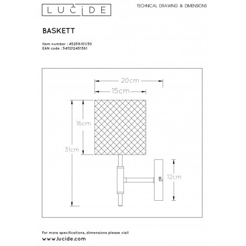 LUCIDE BASKETWall Light 1xE27/40W Black/Wood nástěnné svítidlo - obrázek