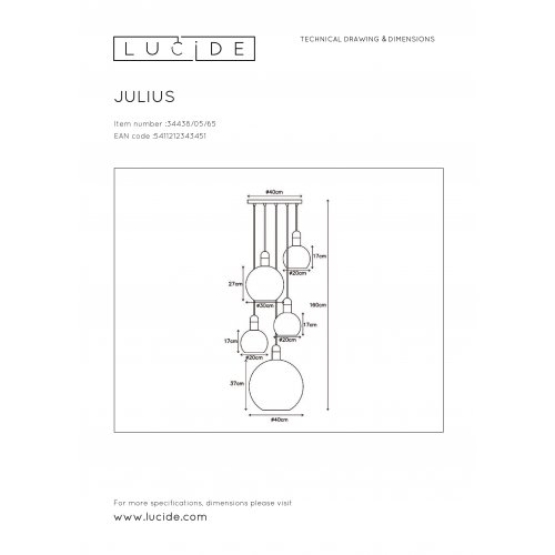 LUCIDE JULIUS Pendant 5x E27  Smoke Glass závěsné svítidlo, lustr - obrázek