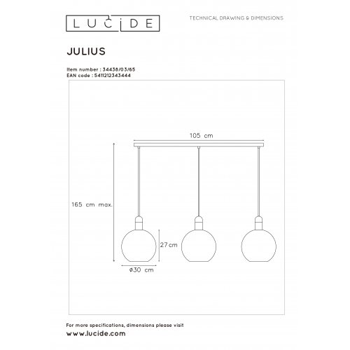 LUCIDE JULIUS Pendant 3x E27/25W  Smoke Glass závěsné svítidlo, lustr - obrázek