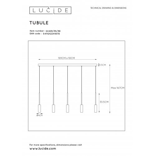 LUCIDE TUBULE  Pendant Led 5x7W 2700K Black závěsné svítidlo, lustr - obrázek