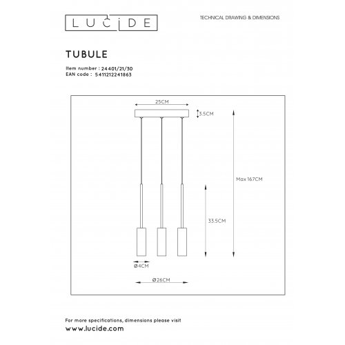 LUCIDE TUBULE  Pendant Led 3x7W 2700K Black závěsné svítidlo, lustr - obrázek