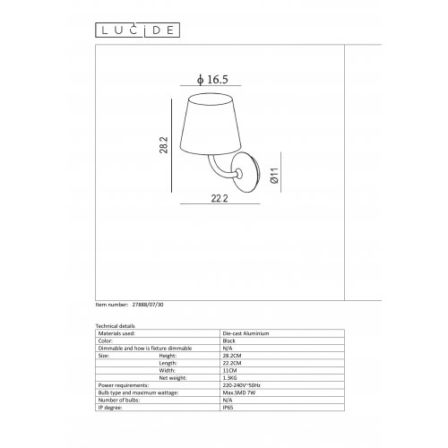 LUCIDE JUSTIN Wall light   IP65 LED 7W  Black venkovní svítidlo - obrázek